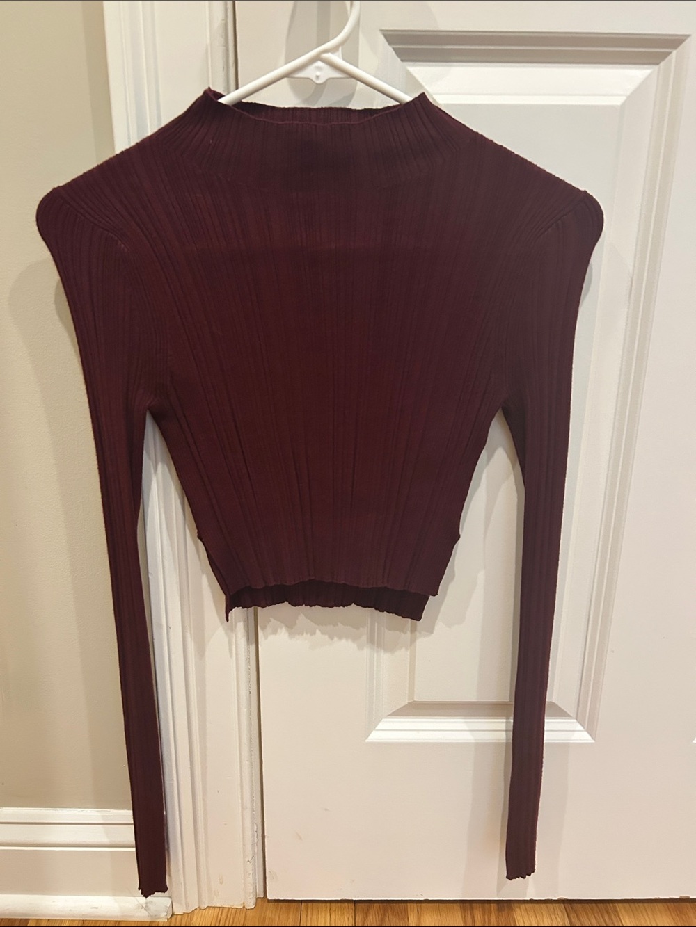 All Saints Deep Burgundy Ribbed Mock Neck Long Sleeve Crop